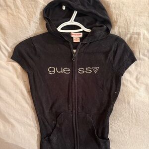 Guess Jeans Black Rhinestone Logo Zip Hoodie Short Sleeve Y2K